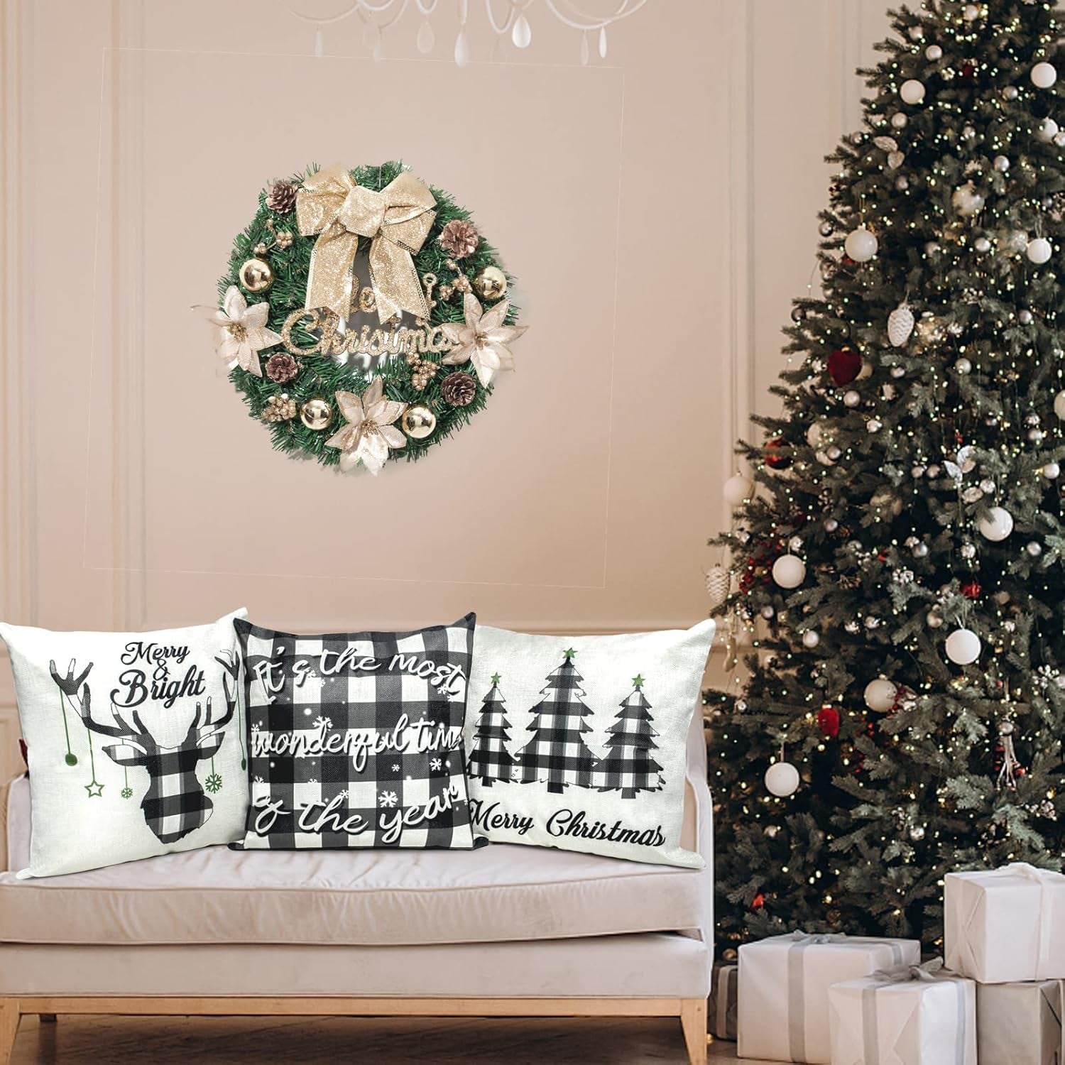 Christmas Pillow Covers & Christmas Decorations, Throw Pillow Covers 18X18” (4 Pack) Farmhouse Pillow Cases for Winter & Holiday, Buffalo Plaid Throw Pillow Covers with Christmas Trees& Deer