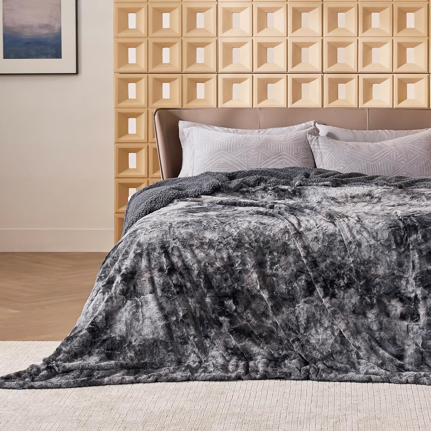 Fuzzy Blanket King Size - Grey, Soft and Warm Sherpa, Plush and Furry Faux Fur, Reversible King Blankets for Bed, 108X90 Inches