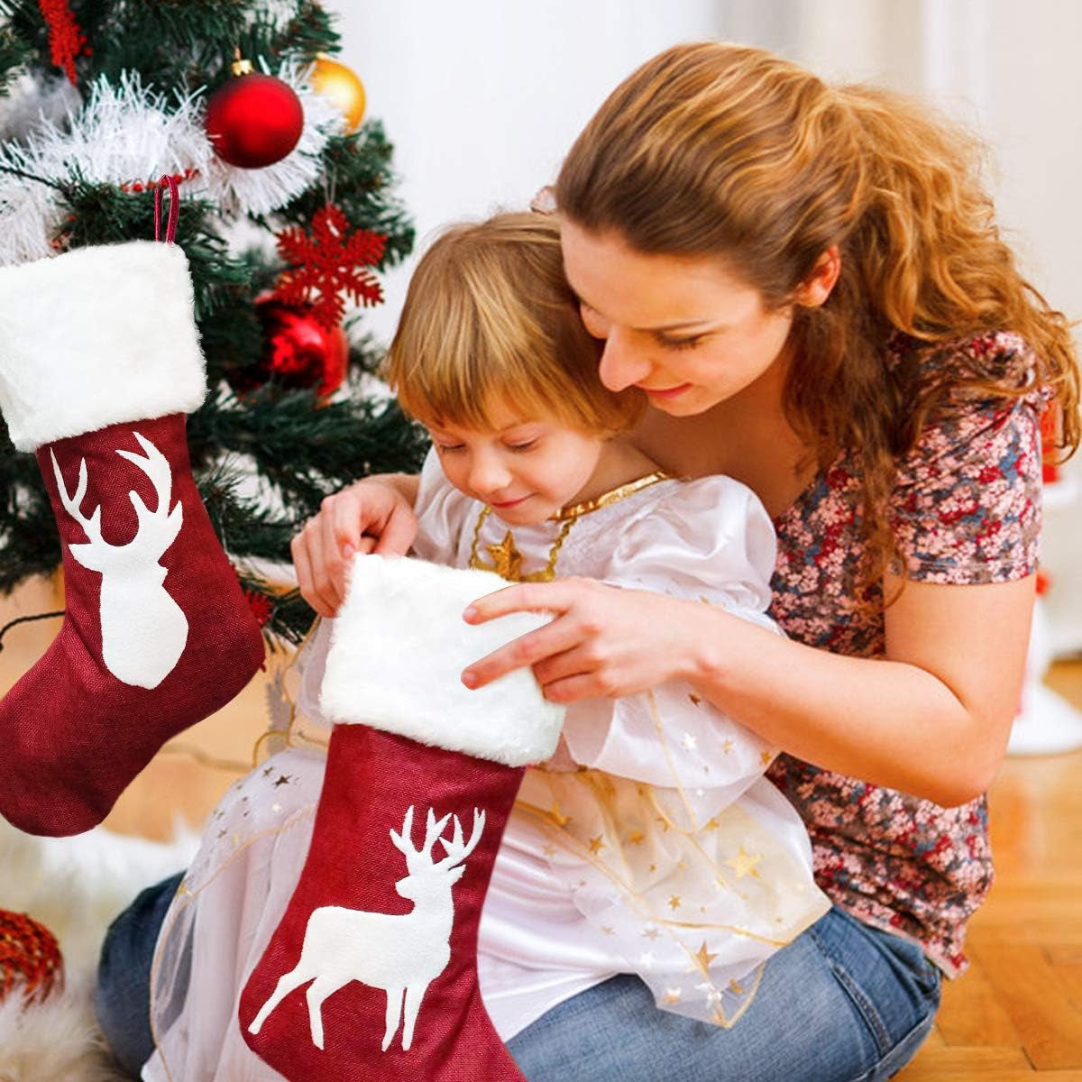 Christmas Stockings, 2 Pcs 18 Inches Christmas Stockings, Burlap with Large Plush Cuff Stockings, for Family Holiday Xmas Party Decorations