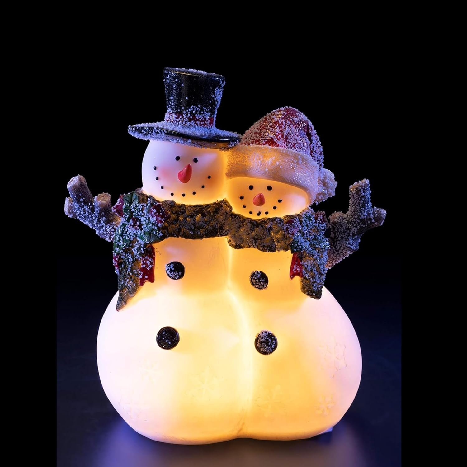 Christmas Snowman Decor Christmas Figurines Resin Snowman Lighted Decorations Indoor Glowing Snowman Couple LED Holiday Light up Snowman Indoor Festive Fiber Optic Decorations