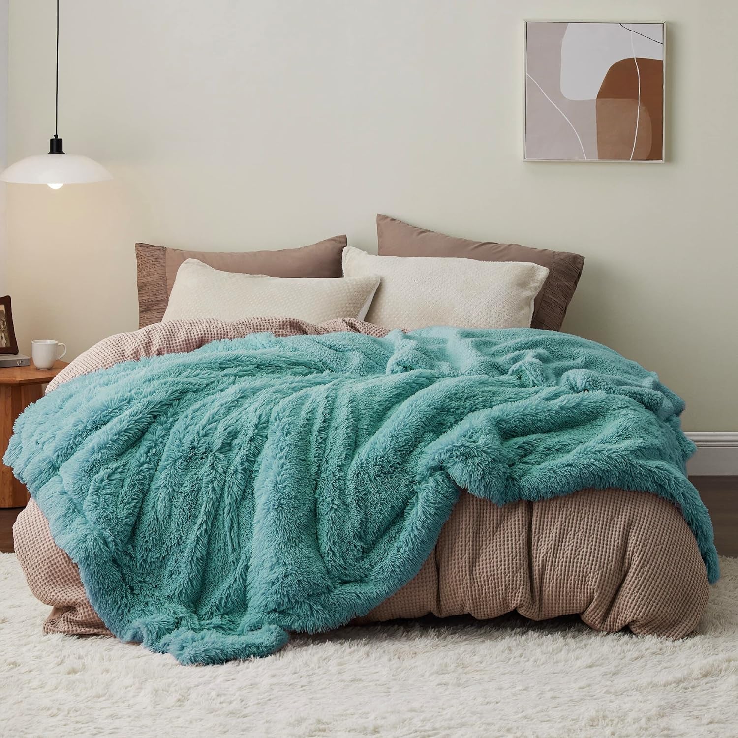 Soft Green Blankets Queen Size for Bed, Fluffy Fuzzy Blankets for Full Queen Bed, Cozy Plush Sherpa Fleece Faux Fur Blanket for Winter, Thick Warm Blanket Gifts for Women, Men, 90X90