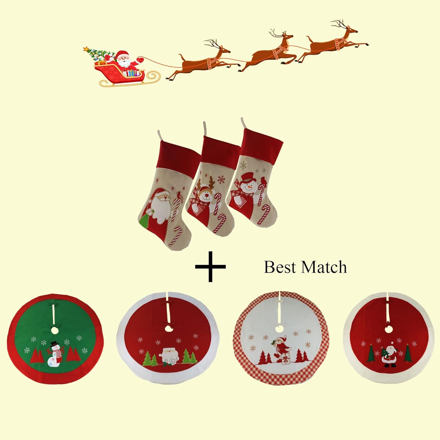 Lovely Christmas Stockings Set of 3 Santa, Snowman, Reindeer, Xmas Character 3D Plush Linen Hanging Tag Knit Border, 17 Inch