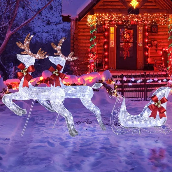 3-Piece Lighted Set Of 2 Reindeer & Sleigh