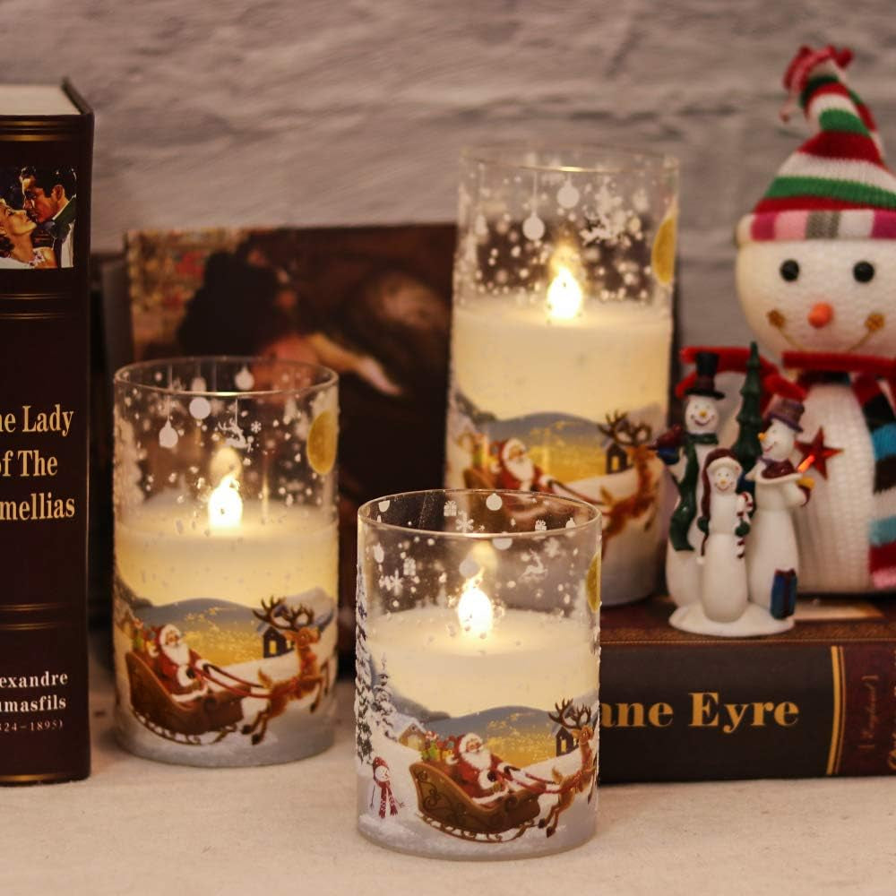 Santa Claus Glass Flameless Candles Battery Operated Remote and Timer Real Wax LED Flickering Pillar Candles White Cold Light Window Christmas Holiday Decor D3 X H4, 5", 6"