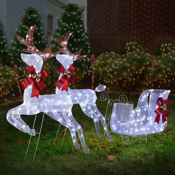 3-Piece Lighted Set Of 2 Reindeer & Sleigh