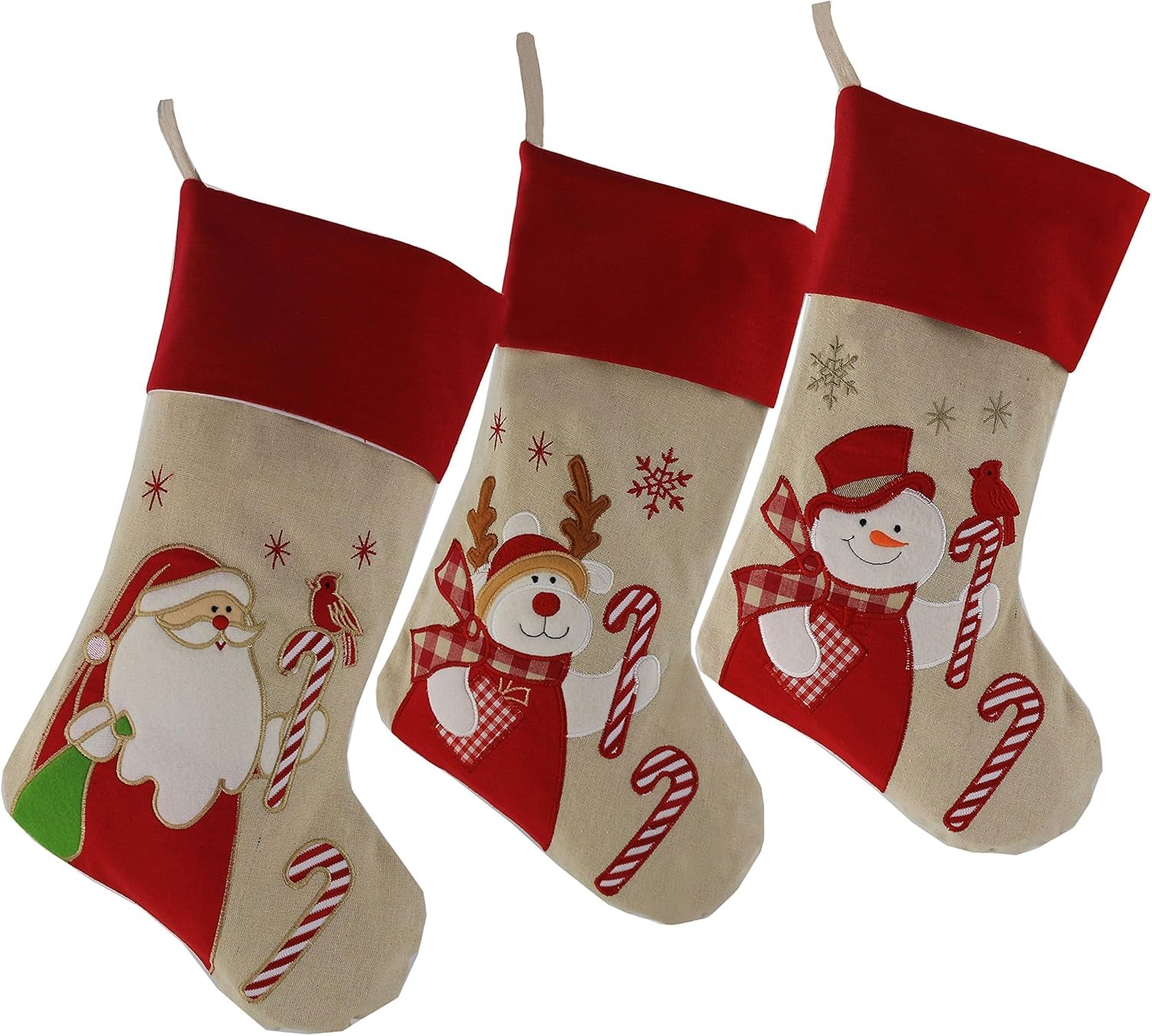 Lovely Christmas Stockings Set of 3 Santa, Snowman, Reindeer, Xmas Character 3D Plush Linen Hanging Tag Knit Border, 17 Inch