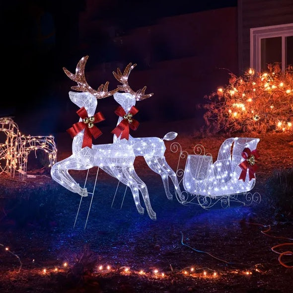 3-Piece Lighted Set Of 2 Reindeer & Sleigh