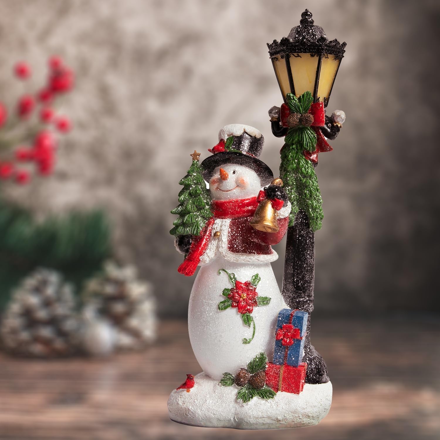 Christmas Snowman Decor Christmas Figurines Resin Snowman Lighted Decorations Indoor Glowing Lampost LED Holiday Light up Snowman Indoor Festive Fiber Optic Decorations