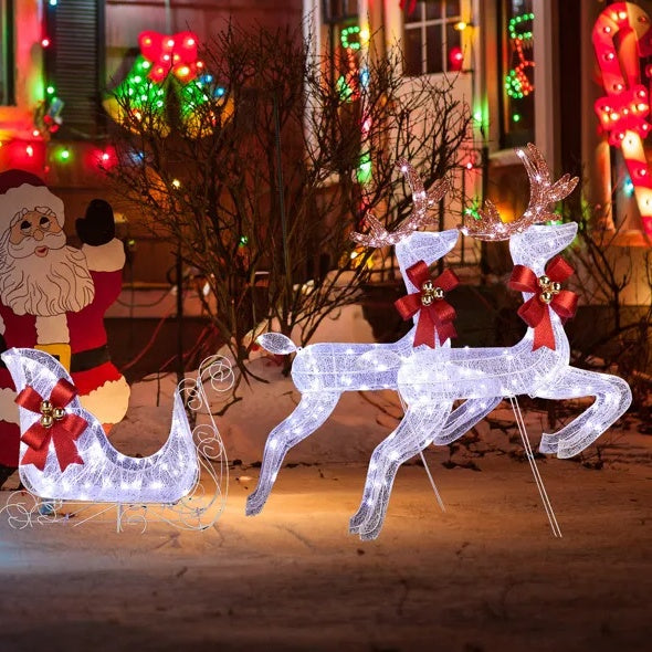 3-Piece Lighted Set Of 2 Reindeer & Sleigh